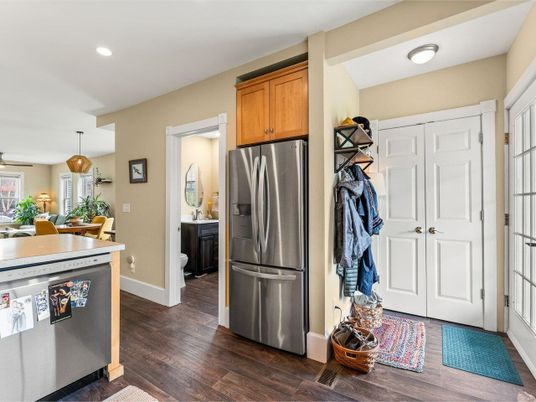 Dining room, Interior, Kitchen, Pendant Lights, Recessed Lighting, Stainless Steel Appliances, Wood Texture Flooring