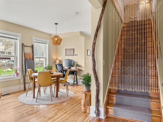 Dining room, Interior, Pendant Lights, Wood Texture Flooring