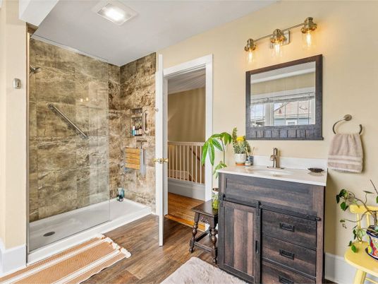 Bathroom, Glass Shower, Interior, Wood Texture Flooring