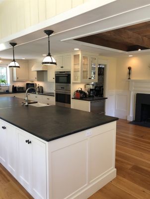 Fireplace, Interior, Kitchen, Pendant Lights, Recessed Lighting, Stainless Steel Appliances, Wooden Ceilings, Wood Texture Flooring