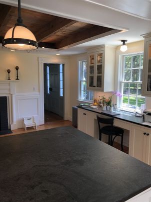 Fireplace, Interior, Kitchen, Pendant Lights, Recessed Lighting, Wooden Beams, Wooden Ceilings, Wood Texture Flooring