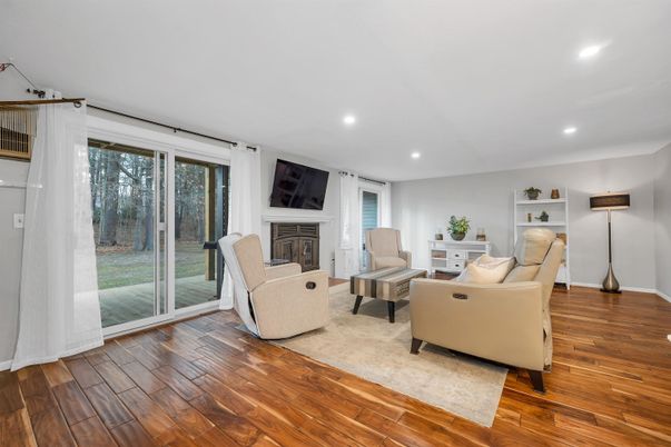 Fireplace, Interior, Living room, Recessed Lighting, Wood Texture Flooring