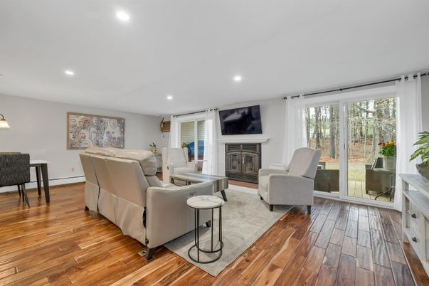 Fireplace, Interior, Living room, Recessed Lighting, Wood Texture Flooring