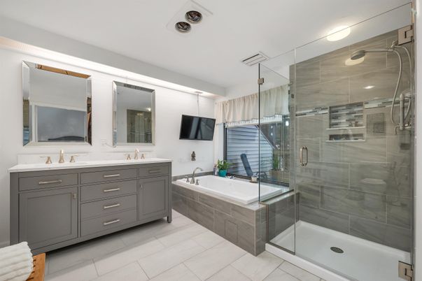 Bathroom, Dual Sink Vanities, Glass Shower, Interior, Recessed Lighting