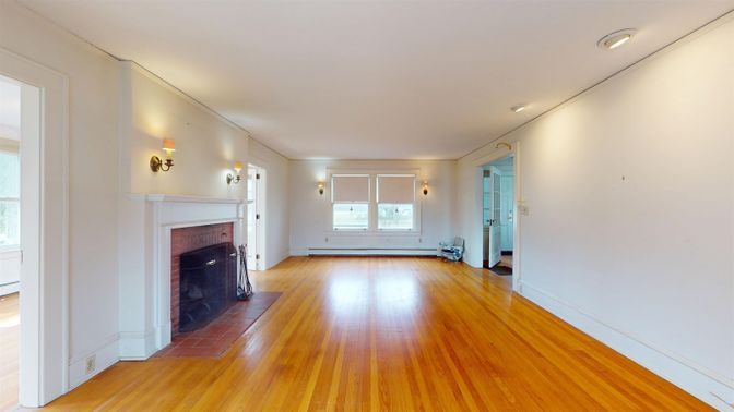 Empty room, Fireplace, Interior, Recessed Lighting, Wood Texture Flooring
