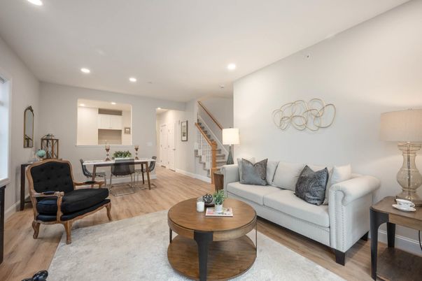 Dining room, Interior, Living room, Recessed Lighting, Wood Texture Flooring