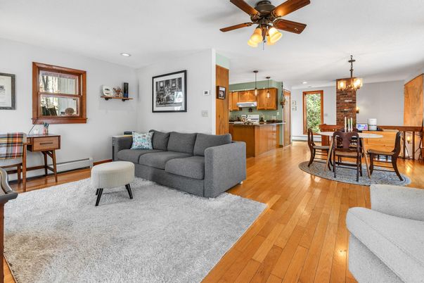 Chandelier, Dining room, Interior, Kitchen, Living room, Pendant Lights, Recessed Lighting, Wood Texture Flooring