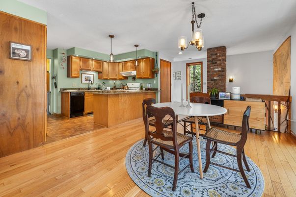 Dining room, Interior, Kitchen, Pendant Lights, Wood Texture Flooring