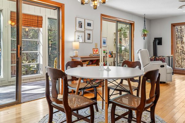 Dining room, Interior, Pendant Lights, Wood Texture Flooring