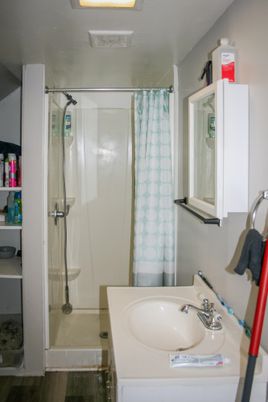 Bathroom, Glass Shower, Interior, Wood Texture Flooring
