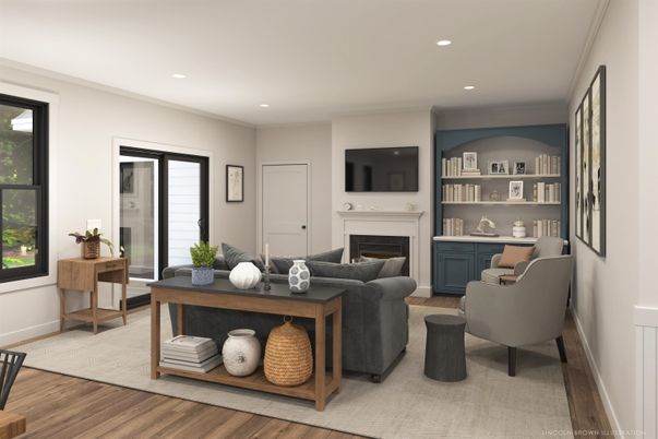 Fireplace, Home Office, Interior, Living room, Recessed Lighting, Wood Texture Flooring