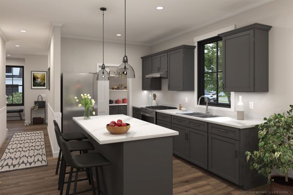 Interior, Kitchen, Pendant Lights, Recessed Lighting, Wood Texture Flooring
