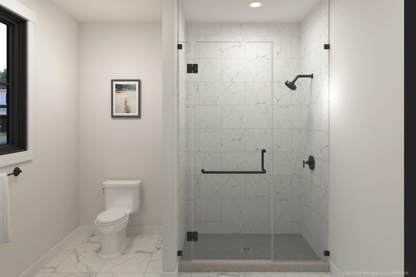 Bathroom, Glass Shower, Interior, Marble, Marble Walls, Recessed Lighting