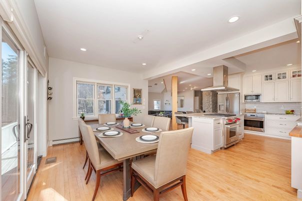 Dining room, Interior, Kitchen, Recessed Lighting, Stainless Steel Appliances, Wood Texture Flooring