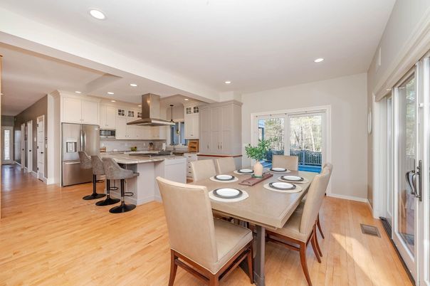Dining room, Interior, Kitchen, Recessed Lighting, Stainless Steel Appliances, Wood Texture Flooring