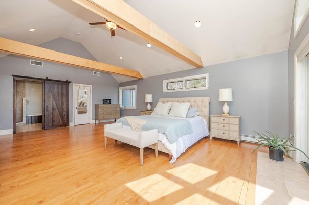 Bedroom, Interior, Recessed Lighting, Wooden Beams, Wood Texture Flooring