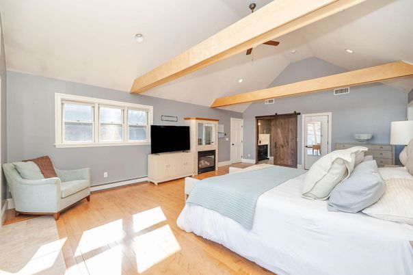 Bedroom, Interior, Recessed Lighting, Wooden Beams, Wood Texture Flooring