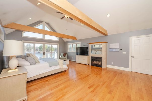 Bedroom, Fireplace, Interior, Recessed Lighting, Wooden Beams, Wood Texture Flooring