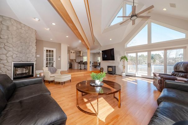 Fireplace, Interior, Living room, Recessed Lighting, Stone Walls, Wooden Beams, Wood Texture Flooring