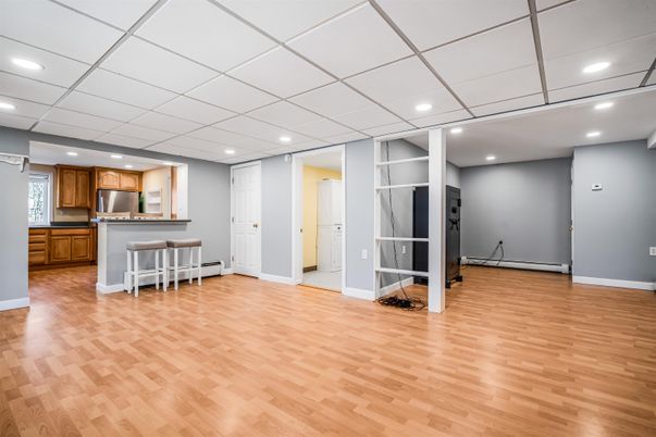 Empty room, Interior, Kitchen, Recessed Lighting, Wood Texture Flooring