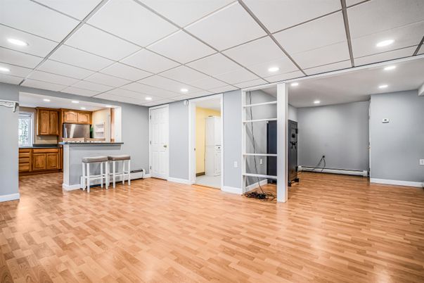 Empty room, Interior, Kitchen, Recessed Lighting, Wood Texture Flooring