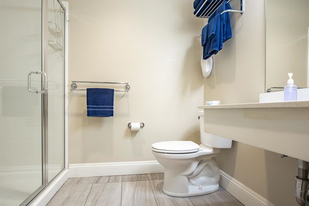Bathroom, Glass Shower, Interior, Wood Texture Flooring