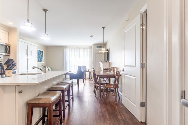 Dining room, Interior, Kitchen, Pendant Lights, Wood Texture Flooring