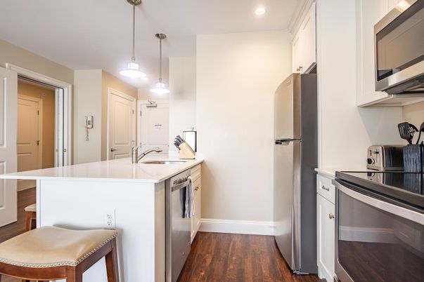 Interior, Kitchen, Pendant Lights, Recessed Lighting, Wood Texture Flooring