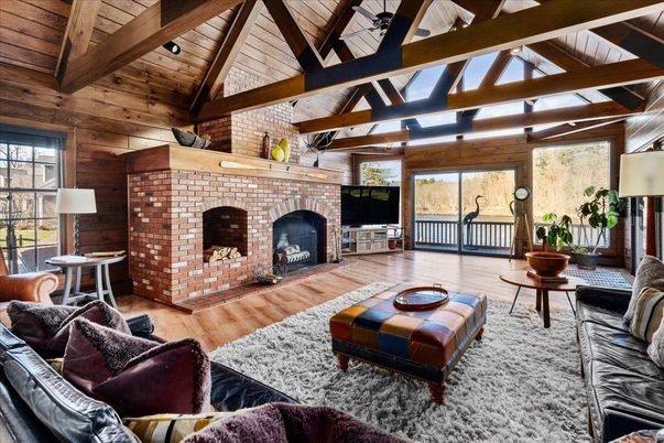 Fireplace, Interior, Living room, Stone Walls, Wooden Beams, Wooden Ceilings, Wood Texture Flooring, Wooden Walls