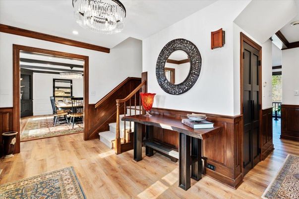Chandelier, Dining room, Interior, Recessed Lighting, Wood Texture Flooring