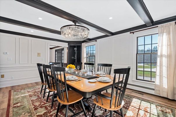 Chandelier, Dining room, Interior, Recessed Lighting, Wood Texture Flooring
