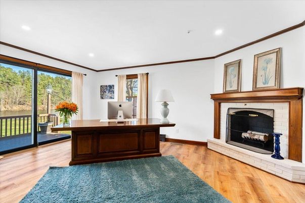 Fireplace, Home Office, Interior, Recessed Lighting, Wood Texture Flooring
