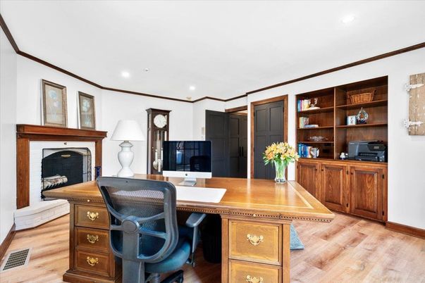 Fireplace, Home Office, Interior, Recessed Lighting, Wood Texture Flooring