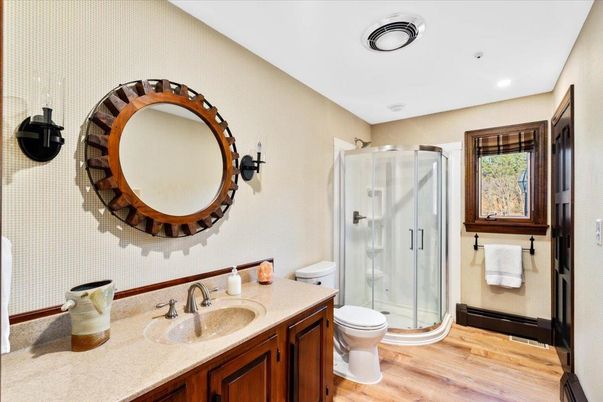 Bathroom, Glass Shower, Interior, Recessed Lighting, Wood Texture Flooring