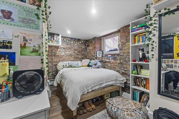 Bedroom, Interior, Recessed Lighting, Stone Walls, Wood Texture Flooring