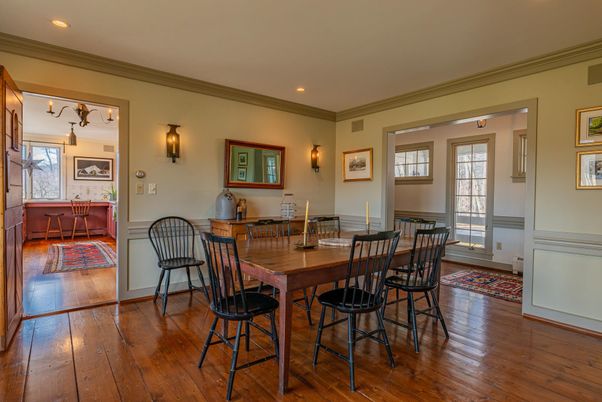 Dining room, Interior, Recessed Lighting, Wood Texture Flooring