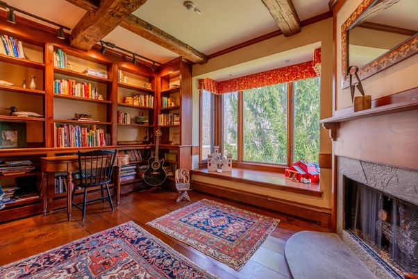 Fireplace, Interior, Recessed Lighting, Wooden Beams, Wood Texture Flooring