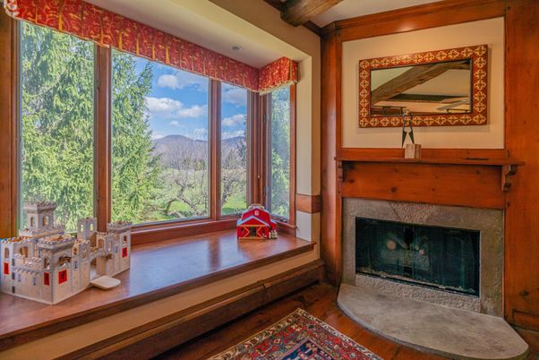 Fireplace, Interior, Recessed Lighting, Wooden Beams, Wood Texture Flooring