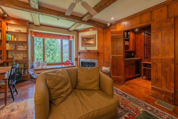 Fireplace, Interior, Living room, Recessed Lighting, Wooden Beams, Wood Texture Flooring, Wooden Walls