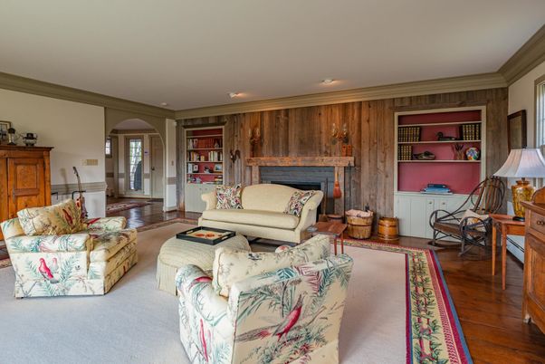 Fireplace, Interior, Living room, Recessed Lighting, Wood Texture Flooring, Wooden Walls