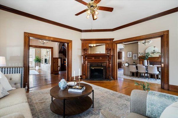 Chandelier, Dining room, Fireplace, Interior, Living room, Wood Texture Flooring