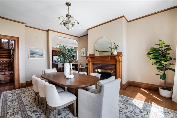 Chandelier, Dining room, Fireplace, Interior, Wood Texture Flooring