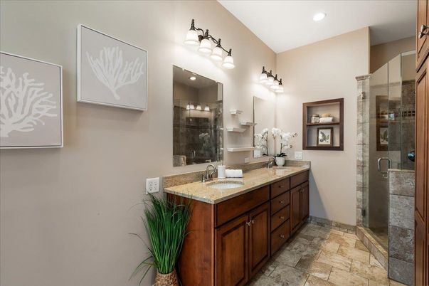 Bathroom, Dual Sink Vanities, Glass Shower, Interior, Recessed Lighting