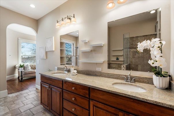 Bathroom, Dual Sink Vanities, Glass Shower, Interior, Recessed Lighting, Wood Texture Flooring