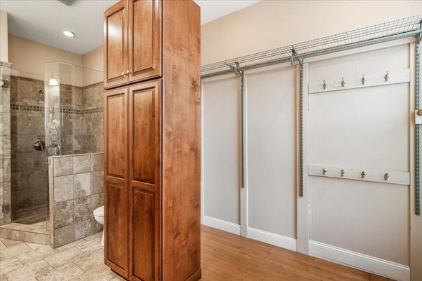 Bathroom, Glass Shower, Interior, Recessed Lighting, Wood Texture Flooring