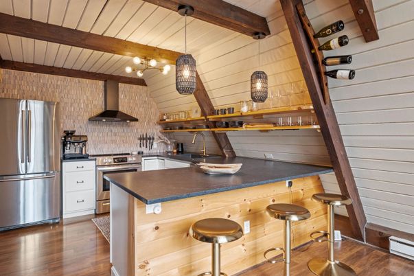 Interior, Kitchen, Pendant Lights, Stainless Steel Appliances, Wooden Beams, Wood Texture Flooring