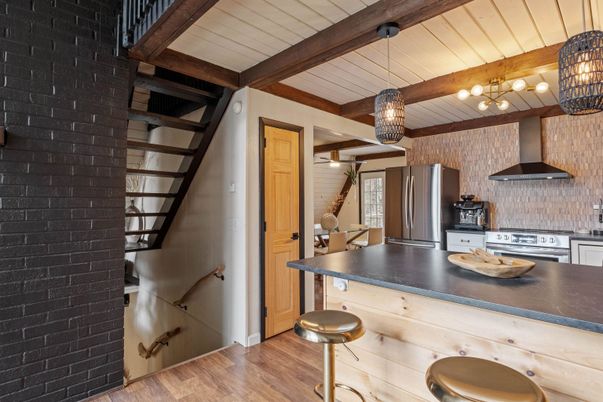 Interior, Kitchen, Pendant Lights, Stainless Steel Appliances, Wooden Beams, Wood Texture Flooring