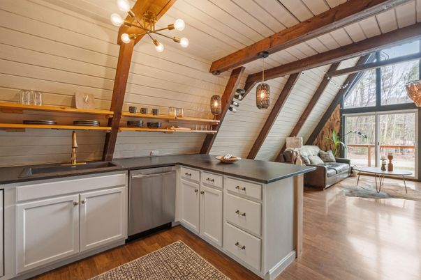 Interior, Kitchen, Pendant Lights, Stainless Steel Appliances, Wooden Beams, Wood Texture Flooring