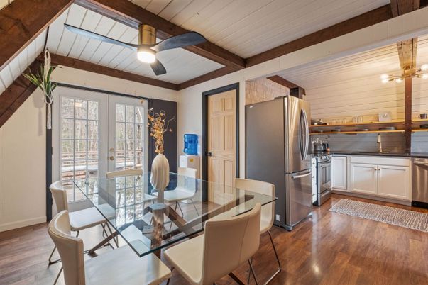 Dining room, Interior, Kitchen, Pendant Lights, Stainless Steel Appliances, Wooden Beams, Wood Texture Flooring
