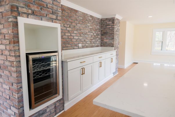 Interior, Kitchen, Recessed Lighting, Stone Walls, Wood Texture Flooring